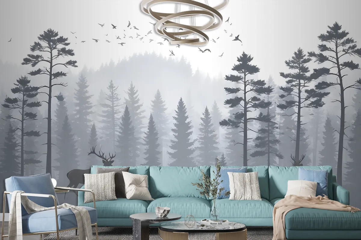 Monochrome Mountain And Forest Scape Wallpaper Mural