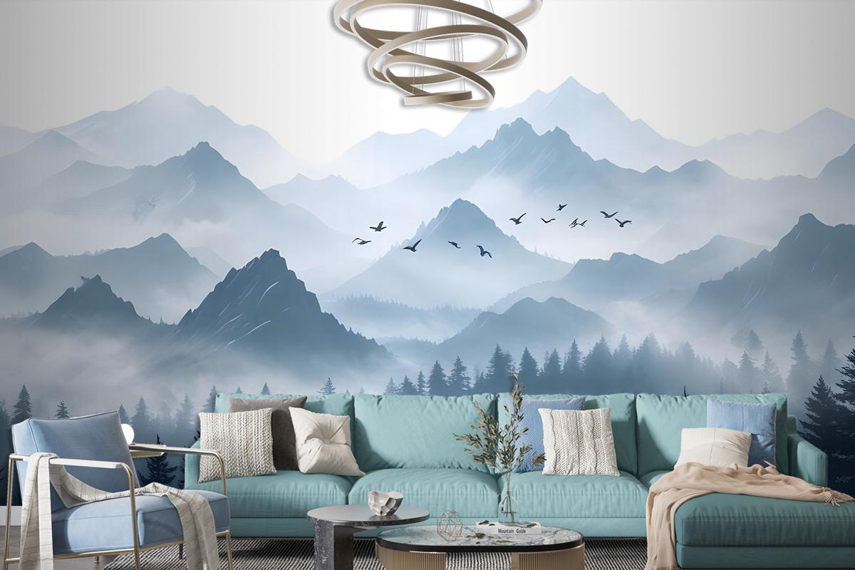 Monochrome Mountainscape With Misty Forest Wallpaper Mural