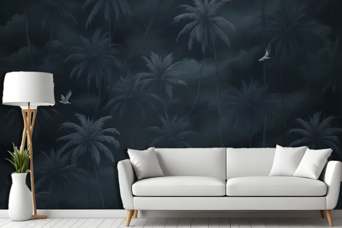 Moody Stormy Sky Dark Tropical Palm Trees Silhouettes Birds Wallpaper Mural