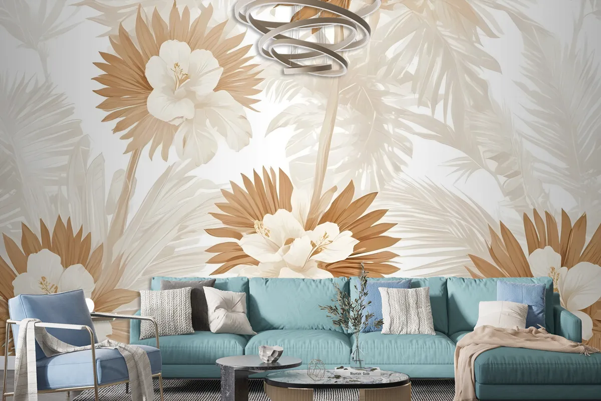 Neutral Boho Plants With Palm Leaf Wallpaper Mural