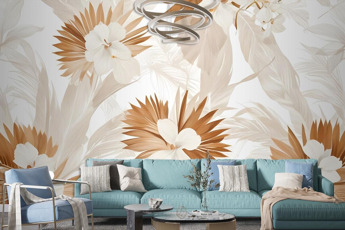 Neutral Boho Plants With Palm Leaf Wallpaper Mural