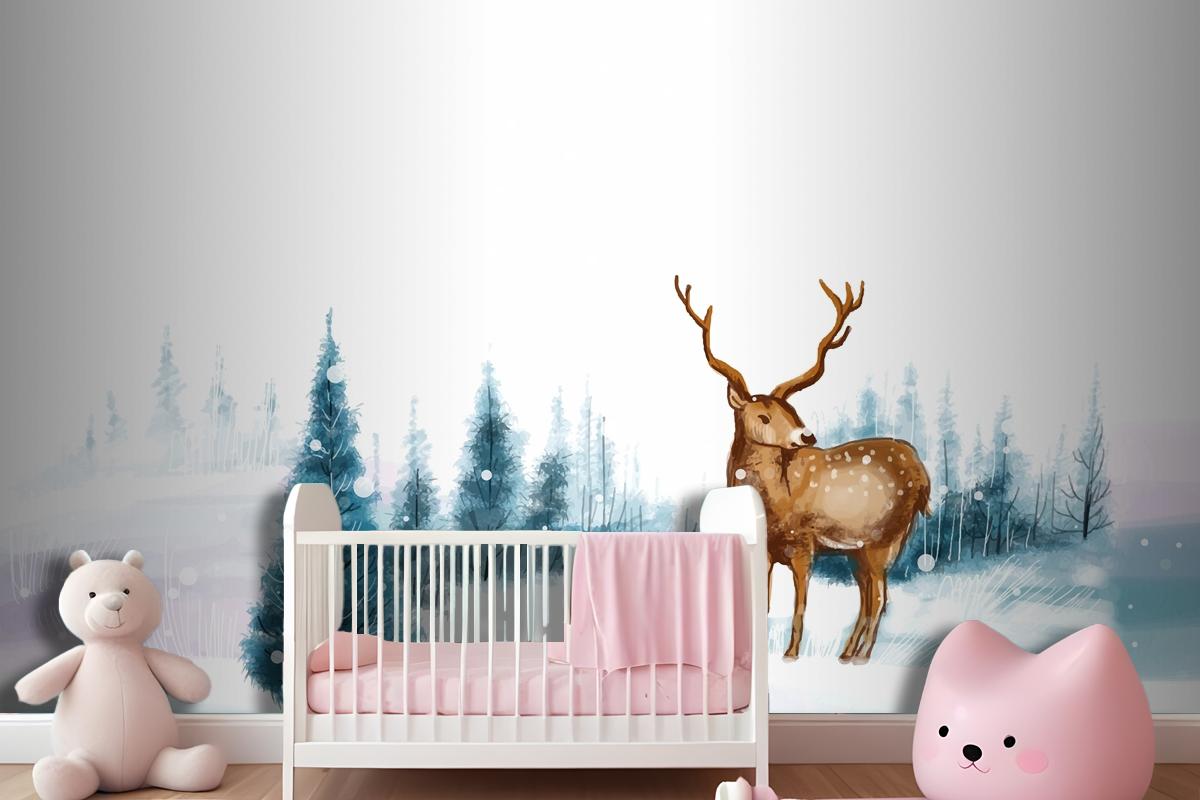 New Year And Christmas Tree Winter Landscape Background With Reindeer Wallpaper Mural