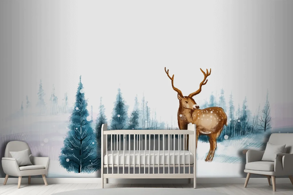 New Year And Christmas Tree Winter Landscape Background With Reindeer Wallpaper Mural