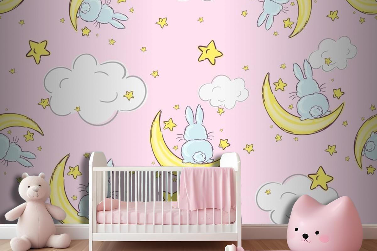 Night Sky Doodle Pattern With Cute Rabbits Sitting On Moons And Stars Seamless Wallpaper Mural