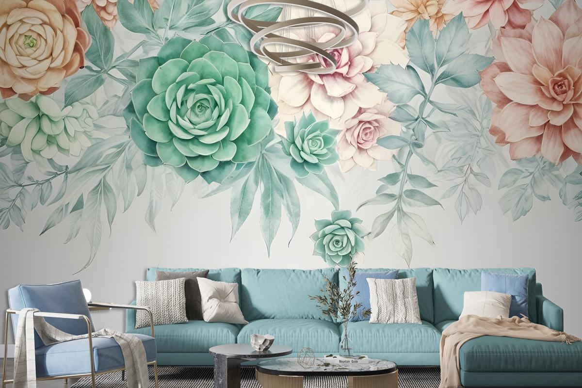 Nostalgic Soft Green Vine Floral Art Wallpaper Mural