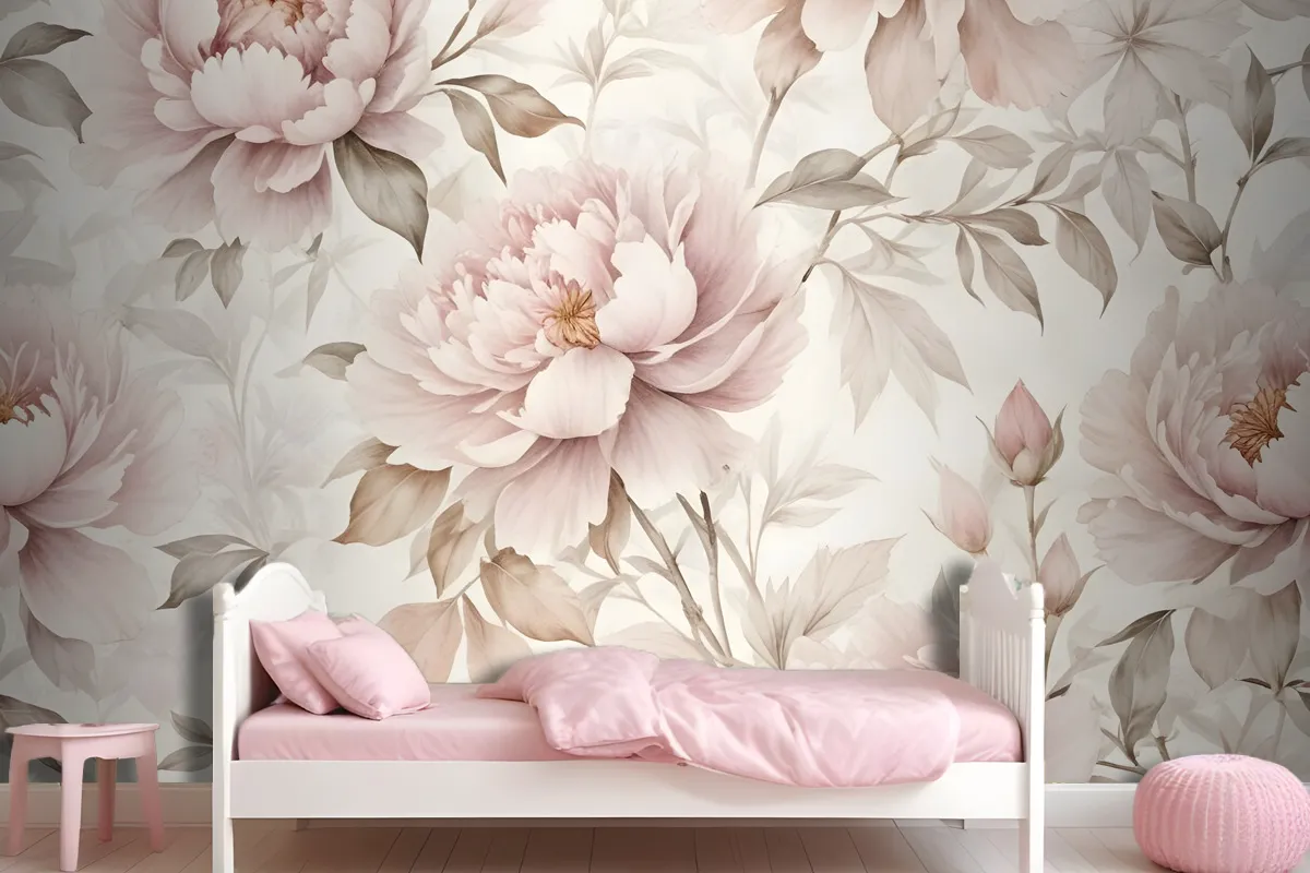 Nursery Pastel Peony Watercolor Floral For Girls Wallpaper Mural