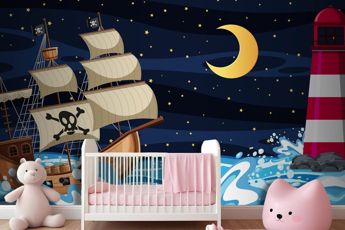 Ocean Scene At Night With Pirate Ship In Cartoon Style Wallpaper Mural