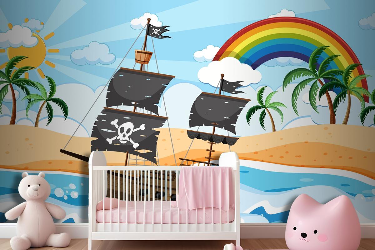 Ocean With Pirate Ship At Day Time Scene In Cartoon Style Wallpaper Mural