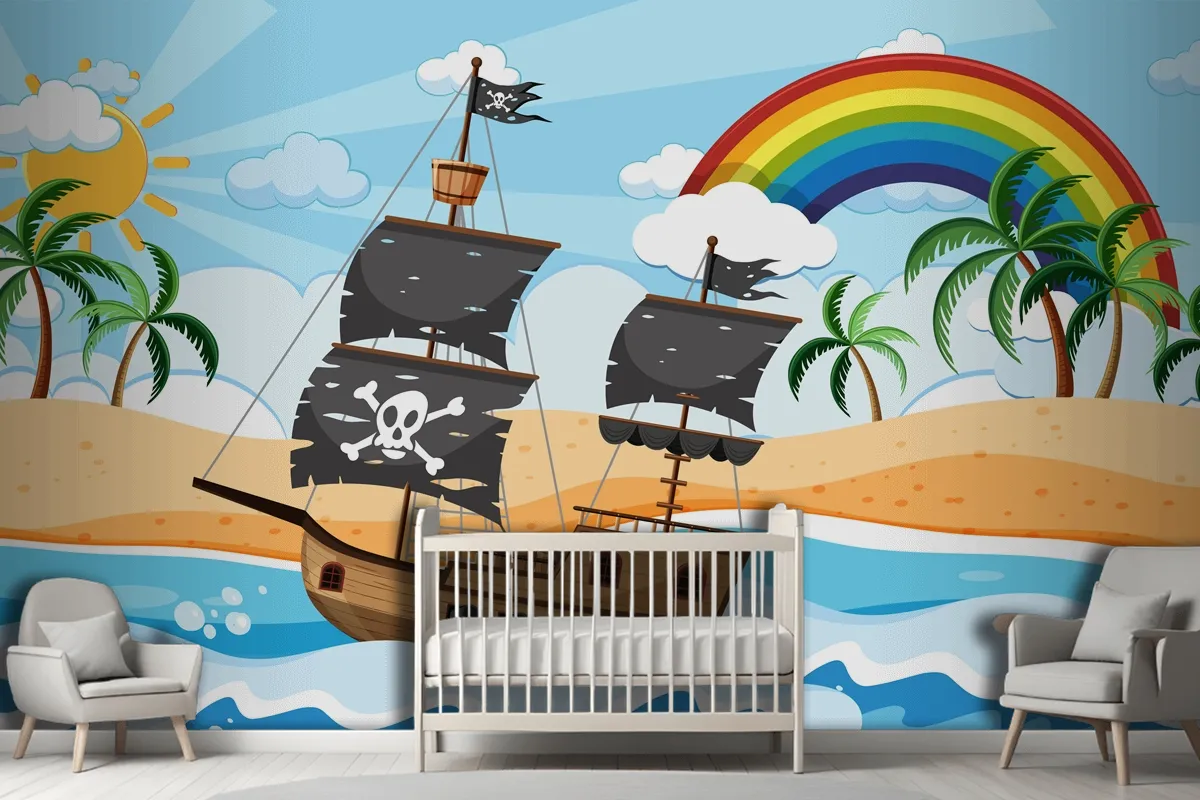 Ocean With Pirate Ship At Day Time Scene In Cartoon Style Wallpaper Mural