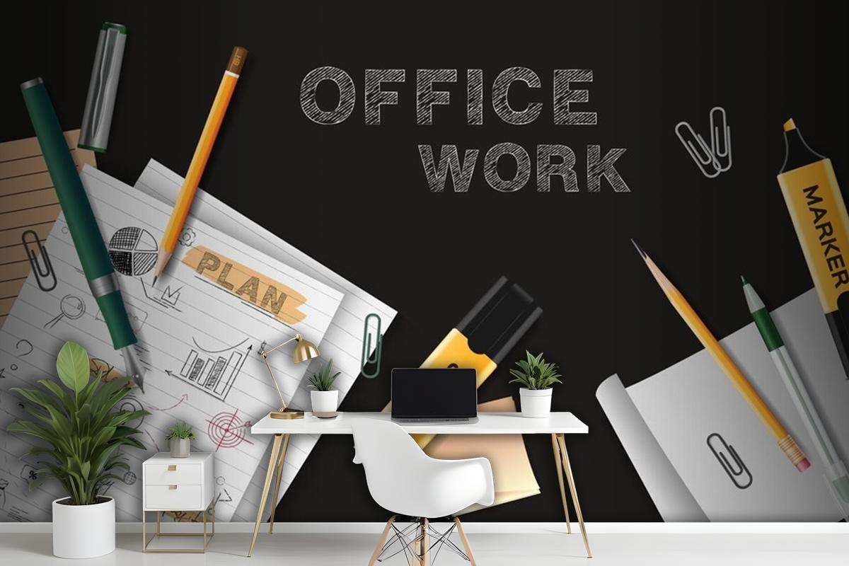 Office Work Black Chalkboard With Sheets Of Paper With Notes Scattered On It Realistic Wallpaper Mural