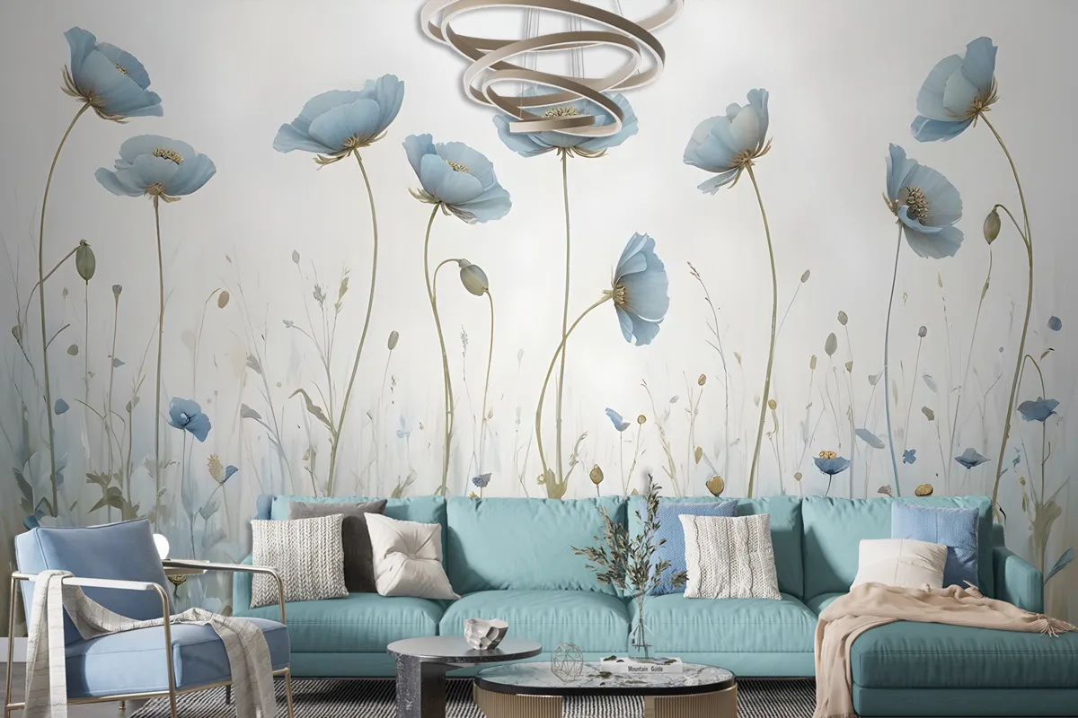 Oil Painting Blue Poppy Flowers Wallpaper Mural