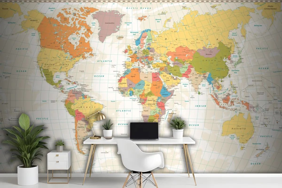 Old Retro World Map With Lakes And Rivers Wallpaper Mural