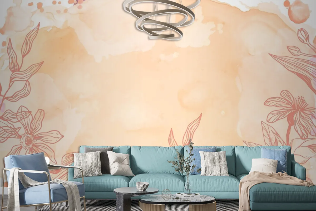 Orange Powder Pastel With Hand Drawn Flowers Background Wallpaper Mural