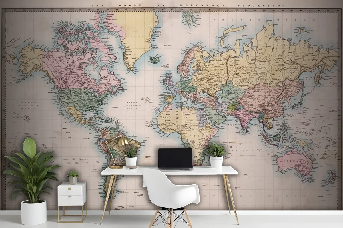 Original Old Hand Coloured Map Of The World Wallpaper Mural