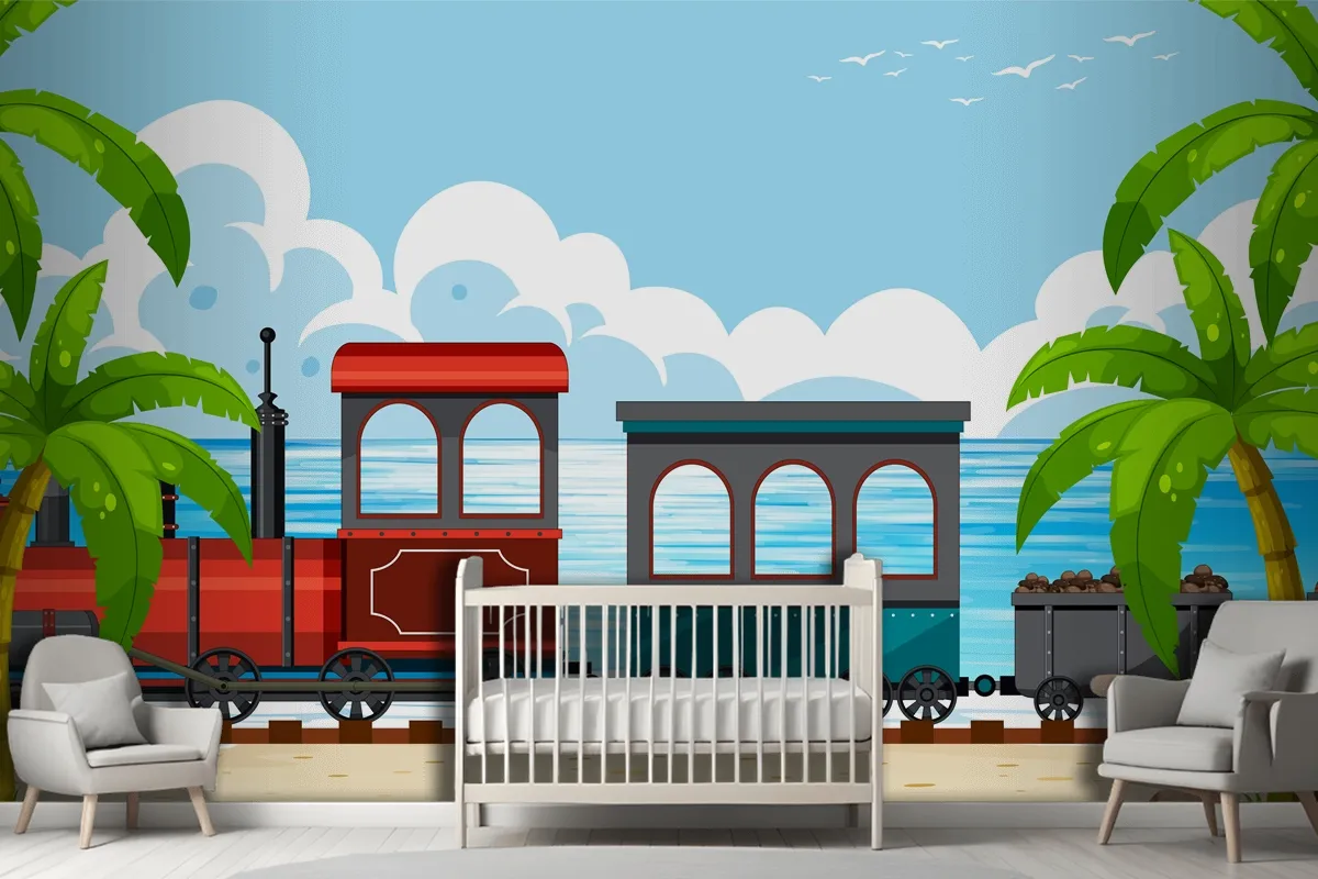 Outdoor Scene With A Steam Locomotive Train Boys Wallpaper Mural