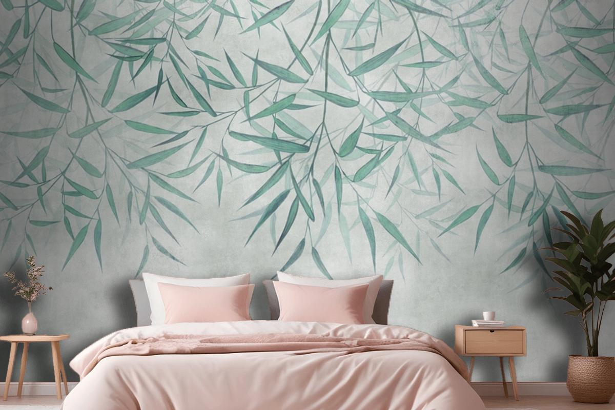 Painted Reed Bamboo Leaves Hanging From Above On A Textured Background Wallpaper Mural