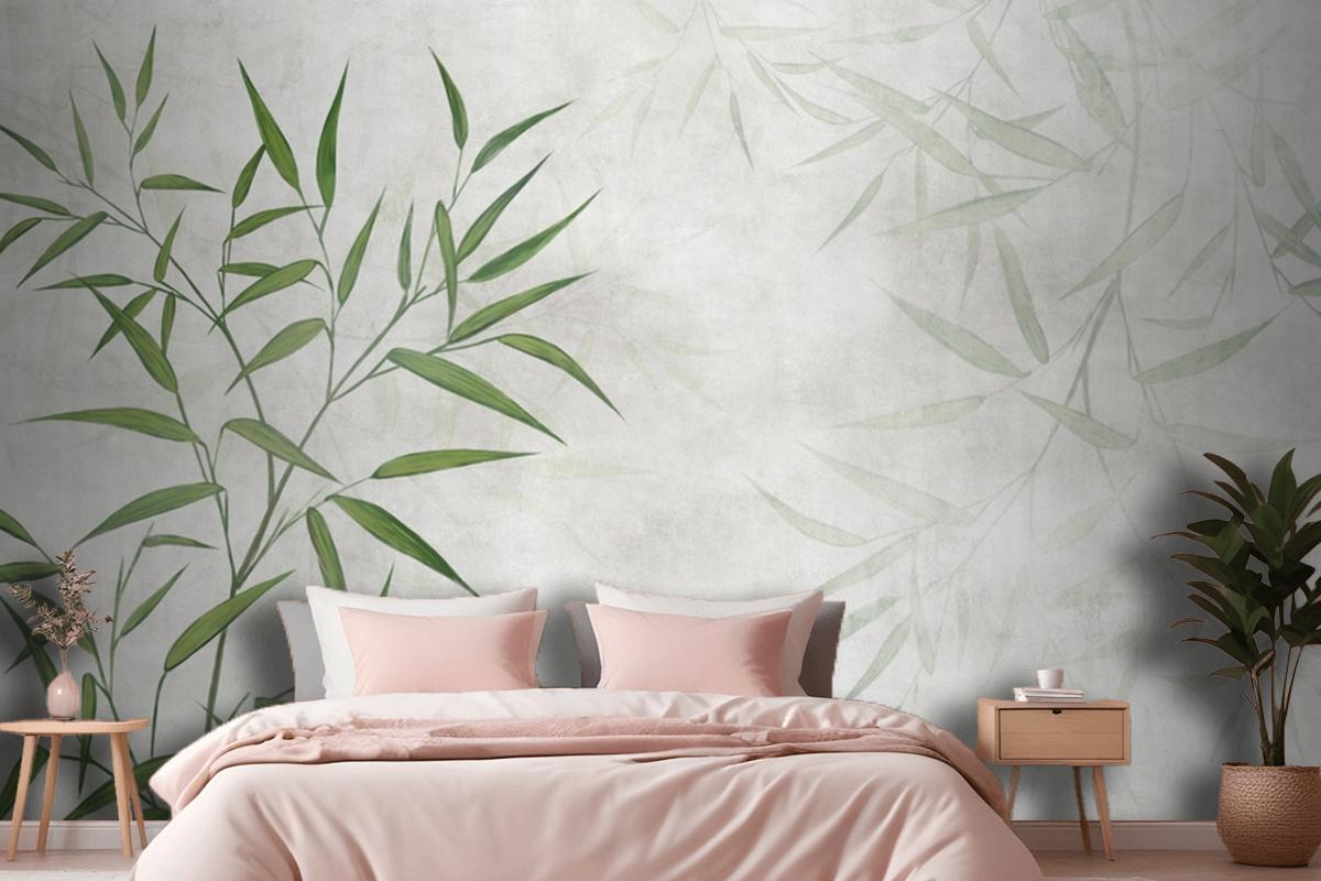 Painted Reed Bamboo Leaves On A Textured Background Wallpaper Mural