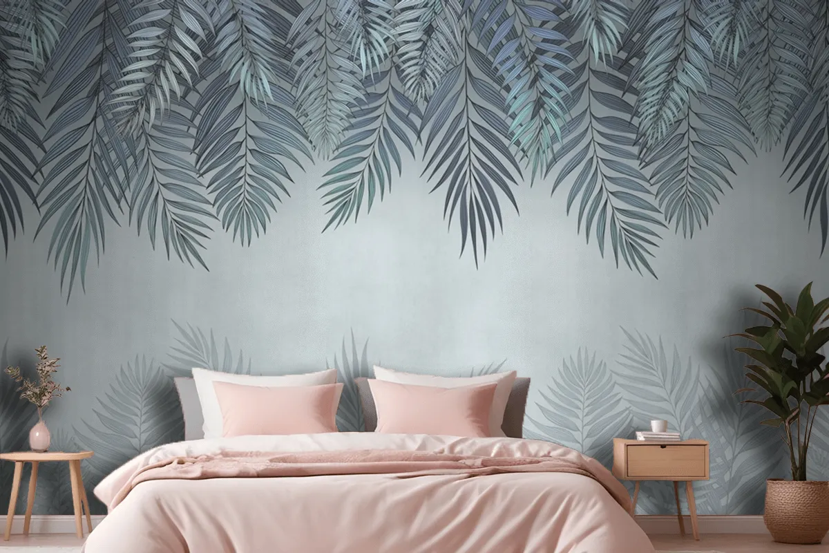 Palm Leaves In Pale Blue Flowers Wallpaper Mural