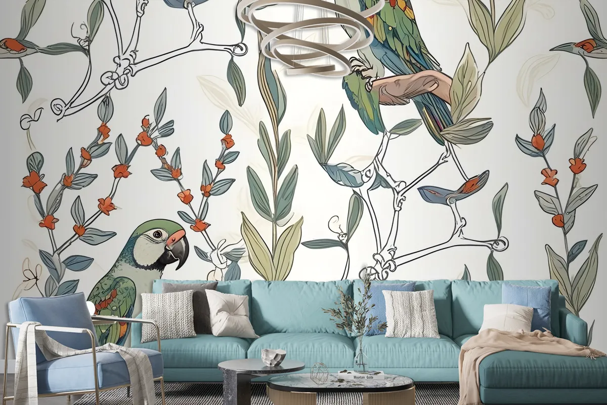 Parrot On Branches Wallpaper Mural