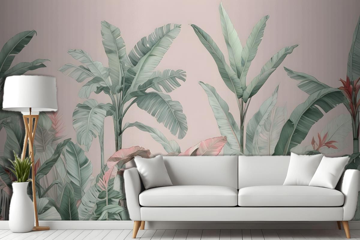 Pastel Pink & Green Vintage Tropical Wallpaper Mural