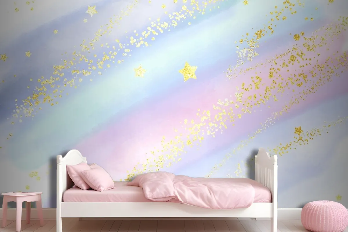 Pastel Watercolour Background With Glittery Gold Stars And Confetti Wallpaper Mural