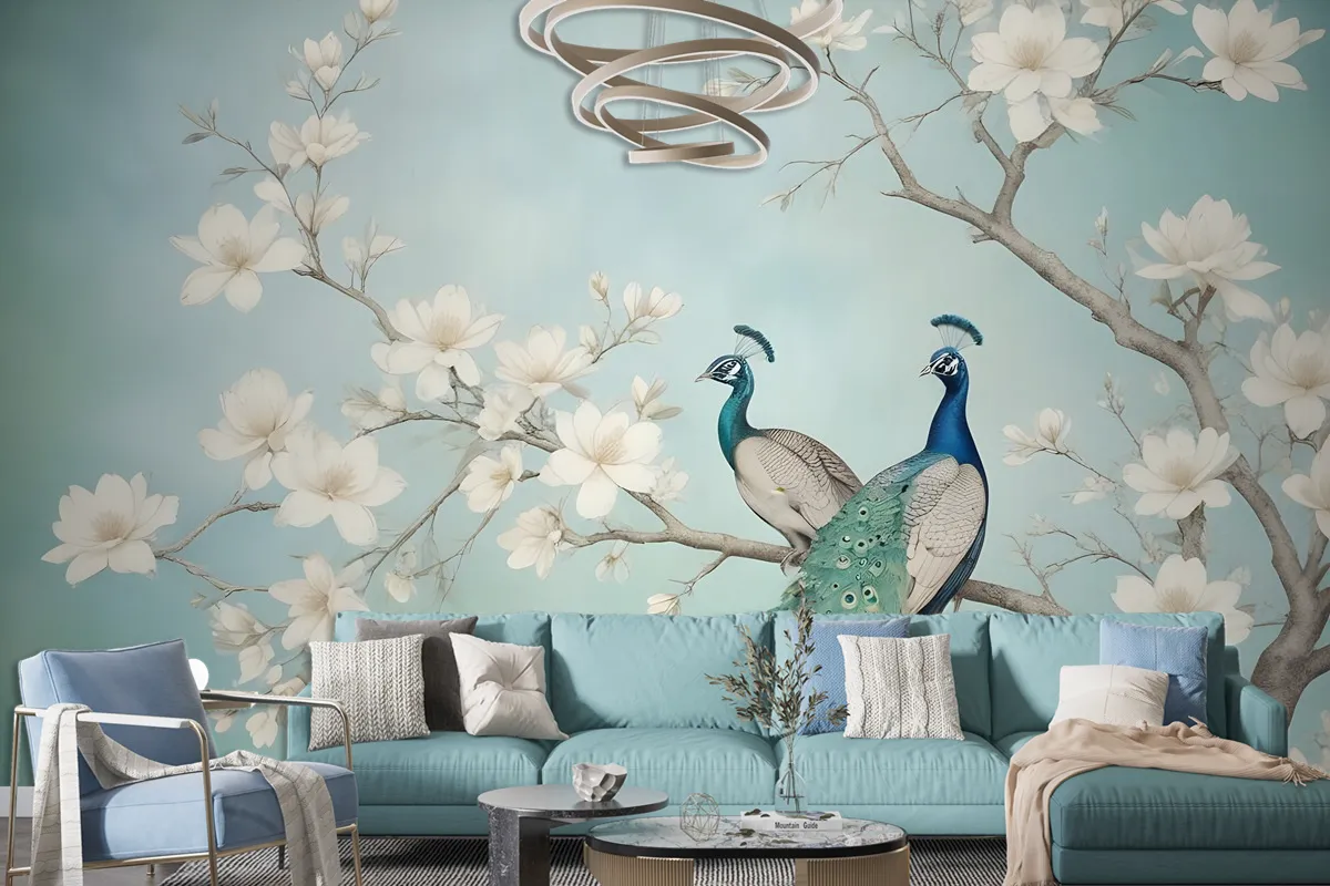 Peacock With Magnolia Blossom Wallpaper Mural