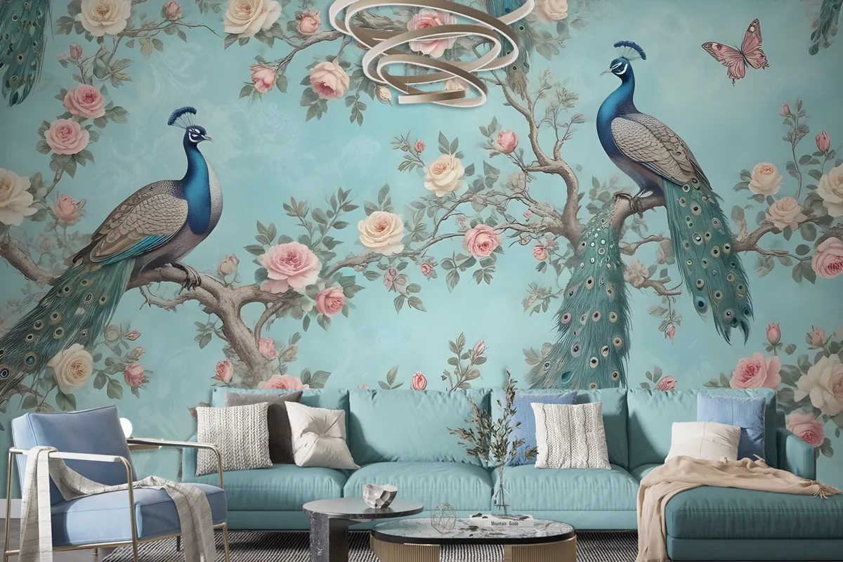 Peacock With Peony Blossom Wallpaper Mural