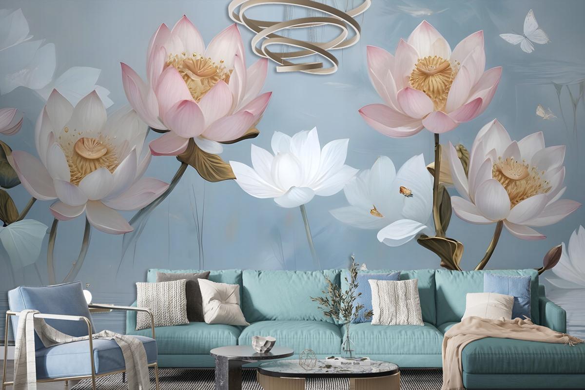 Pearl Lotus Flower And Little Butterfly Wallpaper Mural