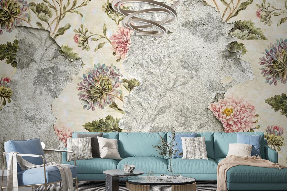 Peeling Floral Wallpaper On Concrete Wallpaper Mural