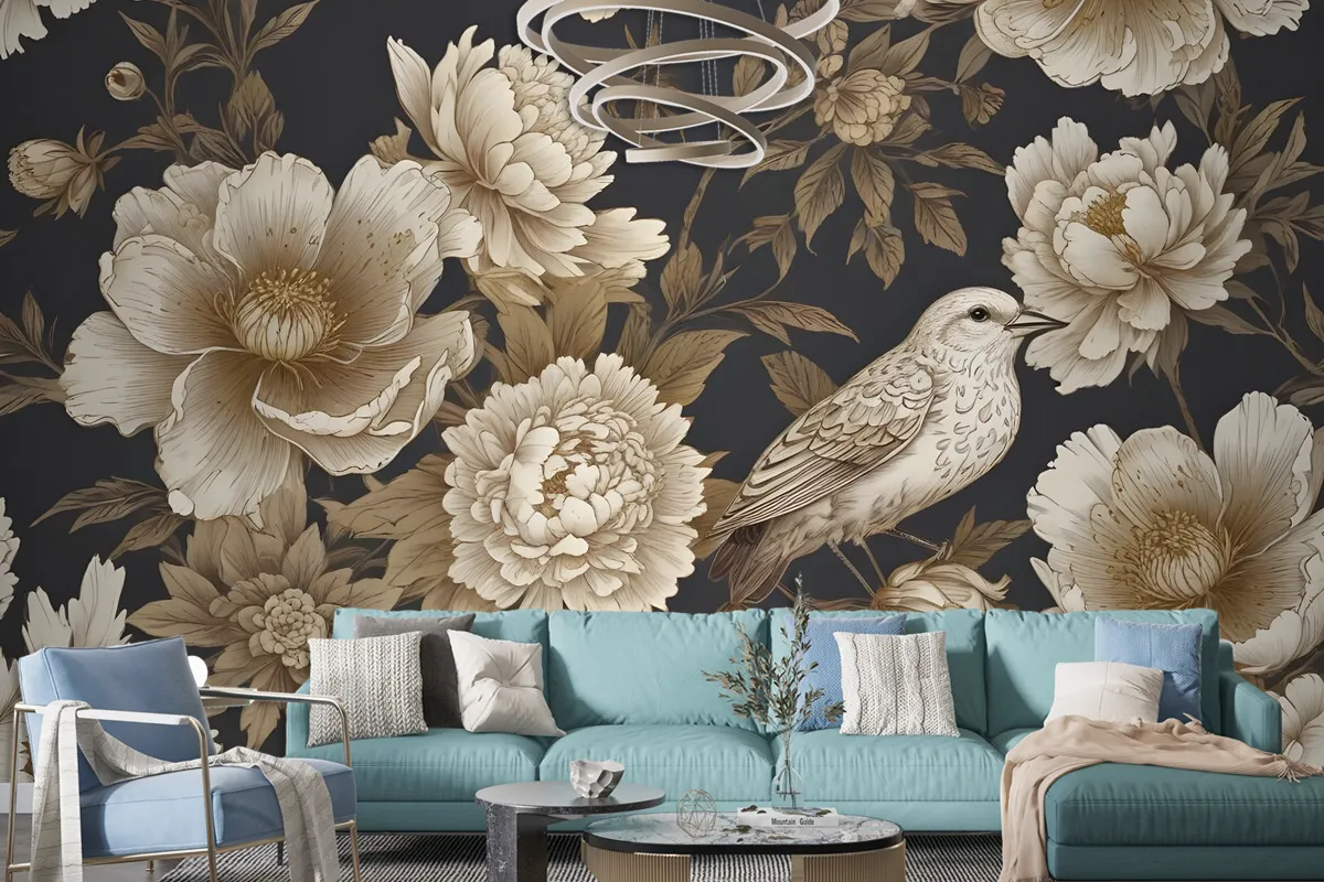 Peony Flowers With Bird Wallpaper Mural