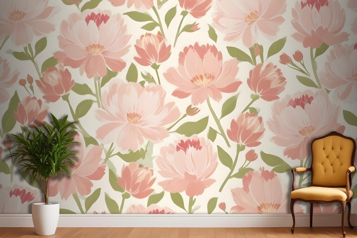 Pink And Peach Flowers With Green Leaves On A Light Wallpaper Mural