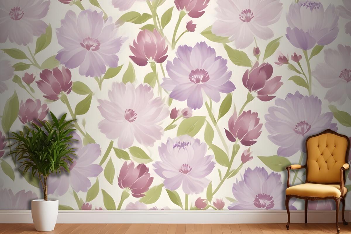 Pink And Purple Flowers With Green Leaves On A Light Wallpaper Mural