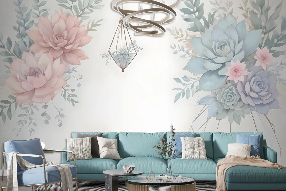 Pink Blue Soft Floral Wallpaper Mural