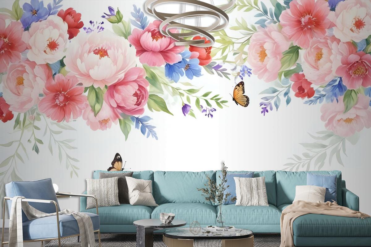 Pink Boho Vine Florals Wallpaper Mural