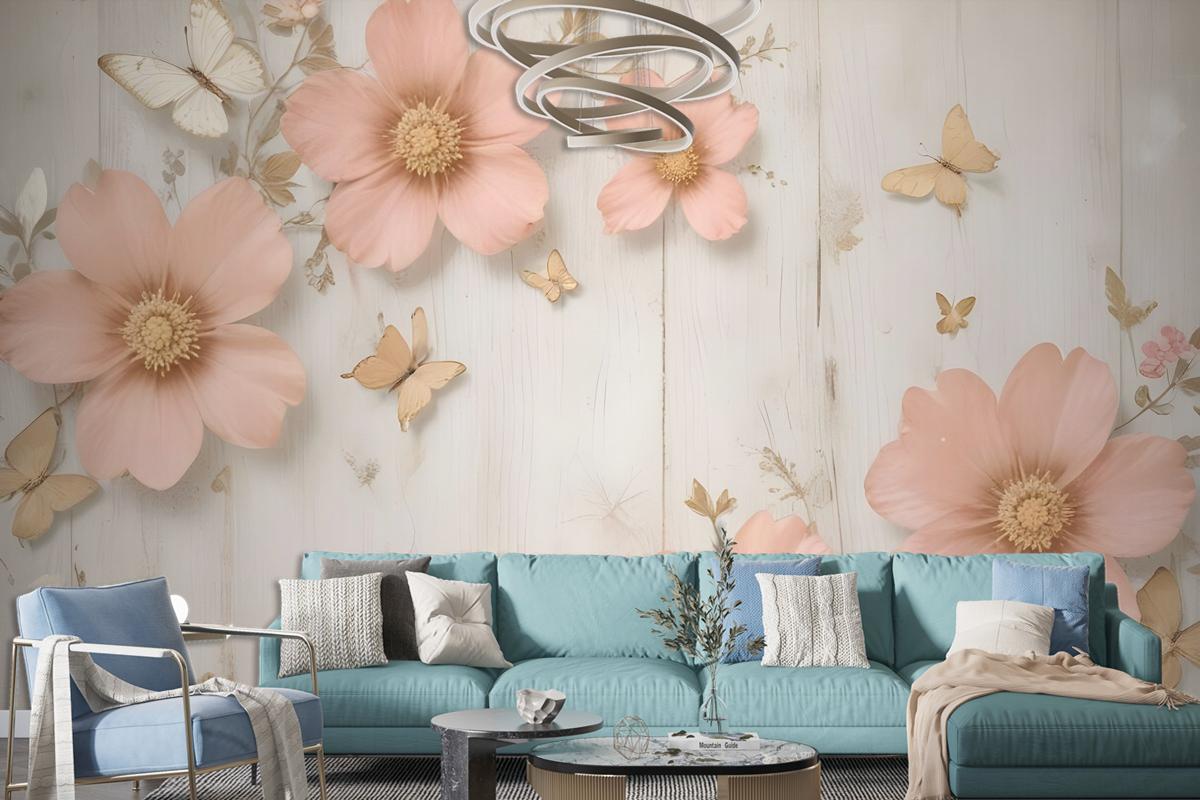 Pink Diamond Daisy With Butterflies Wallpaper Mural