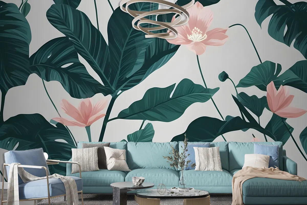 Pink Flower And Leaves Wallpaper Mural