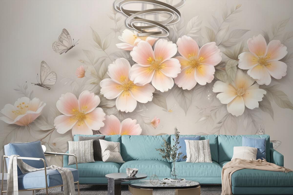 Pink Flower And White Butterfly Wallpaper Mural