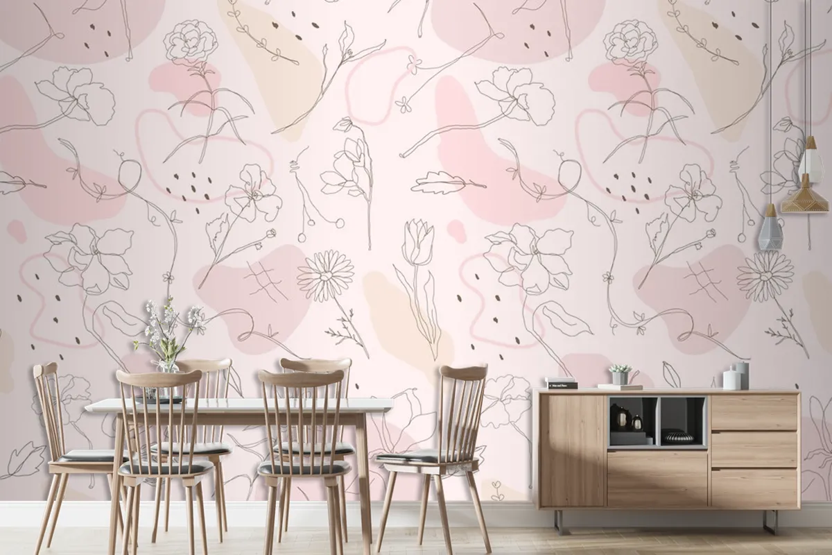 Pink Flower Pattern Wallpaper Hand Drawn Style Wallpaper Mural