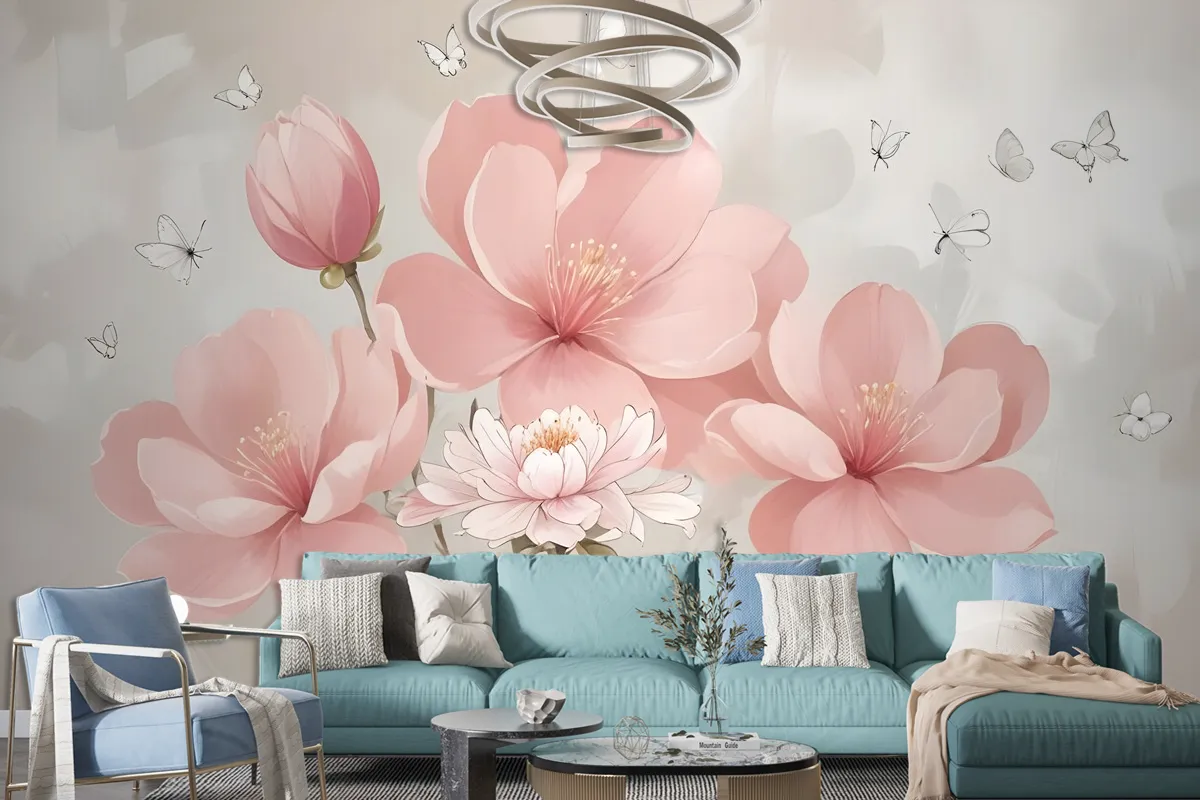 Pink Hdrangea Floral With Little Butterfly Wallpaper Mural