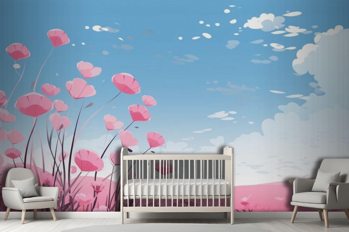 Pink Hearts In The Sky With Flowers And Clouds Wallpaper Mural