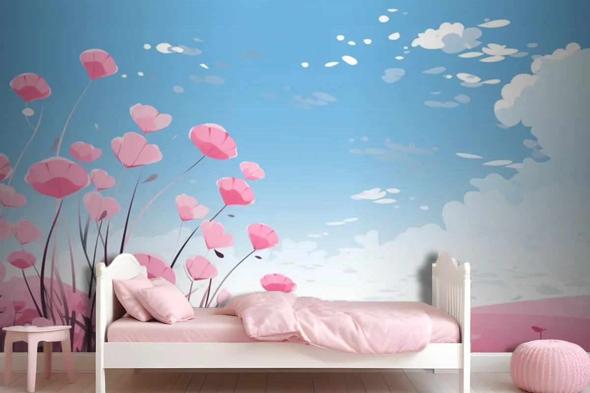 Pink Hearts In The Sky With Flowers And Clouds Wallpaper Mural