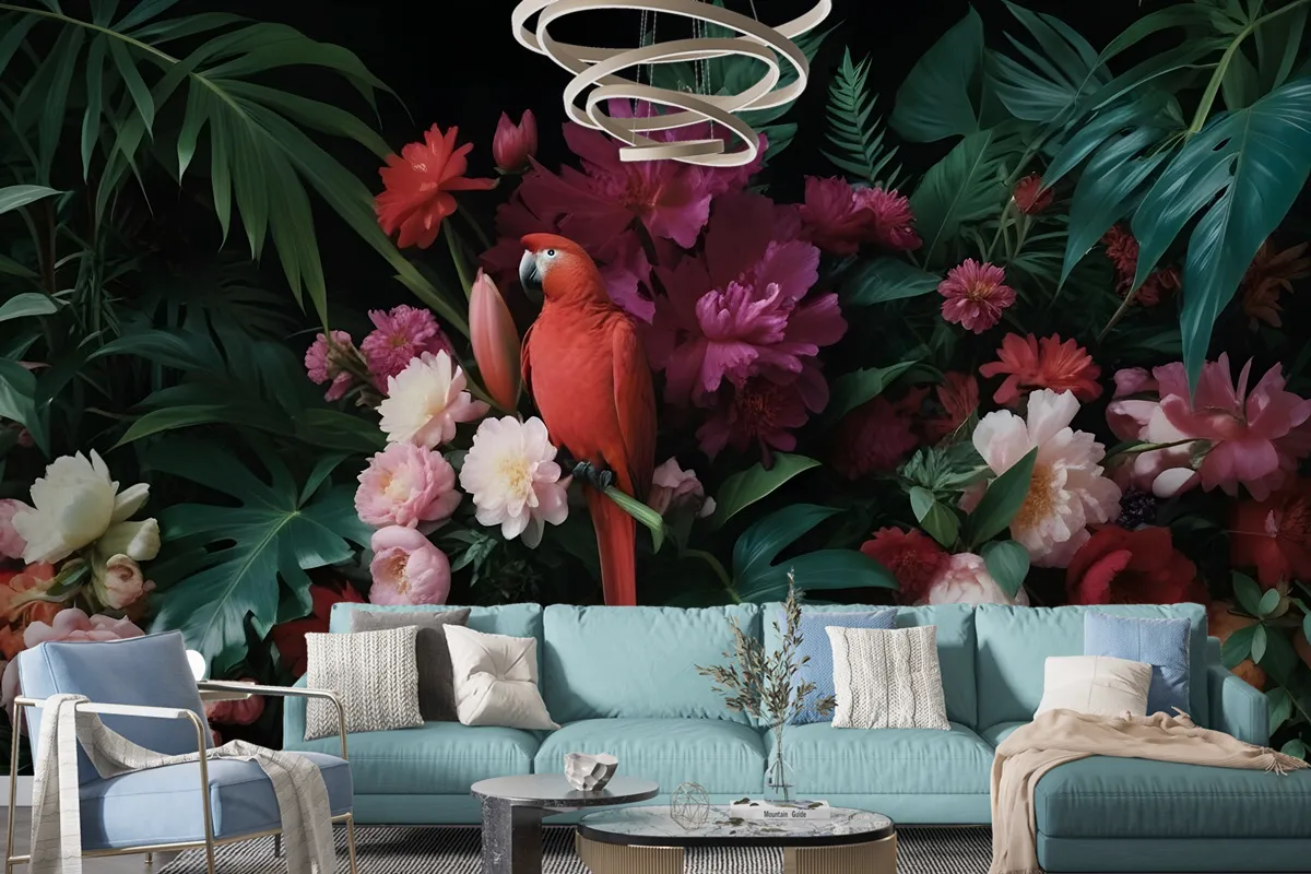 Red Parrot With Colorful Floral Wallpaper Mural