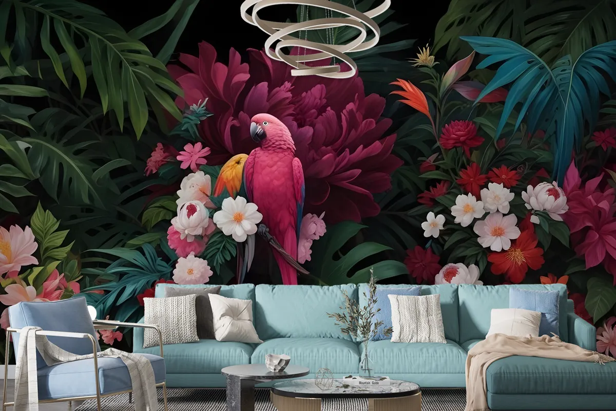 Pink Parrot With Colorful Floral Wallpaper Mural