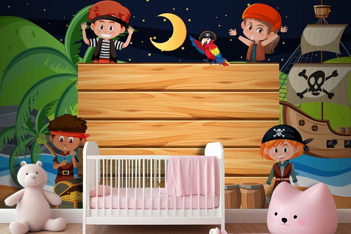 Pirate Kids At The Beach Night Scene With An Empty Wooden Wallpaper Mural