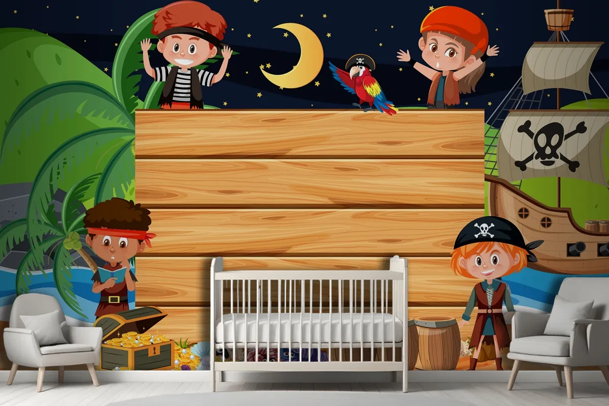 Pirate Kids At The Beach Night Scene With An Empty Wooden Wallpaper Mural