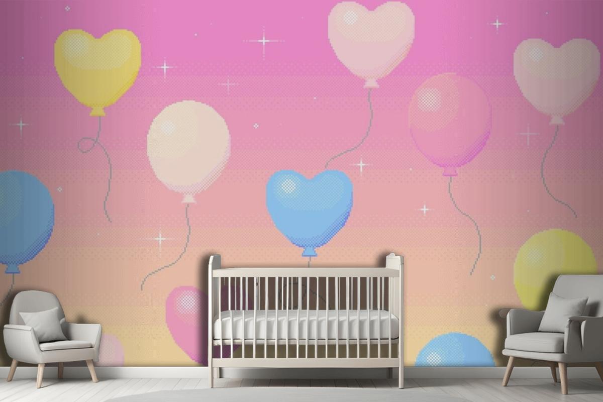 Pixel Art Background Of Balloons Flying In The Dreamy Sky Wallpaper Mural