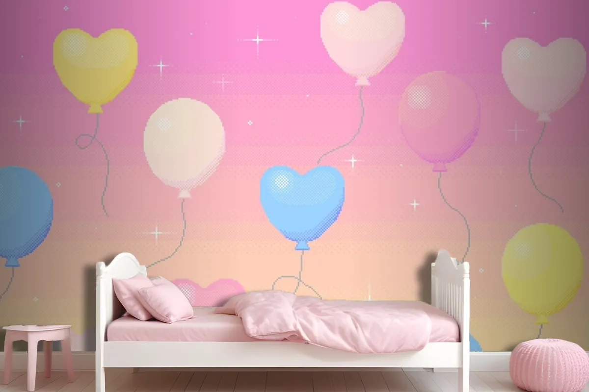 Pixel Art Background Of Balloons Flying In The Dreamy Sky Wallpaper Mural