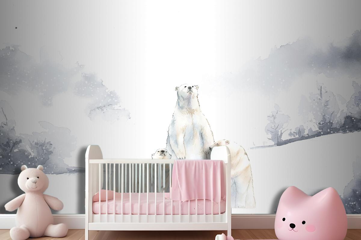 Polar Bears In The Snow Watercolor Wallpaper Mural