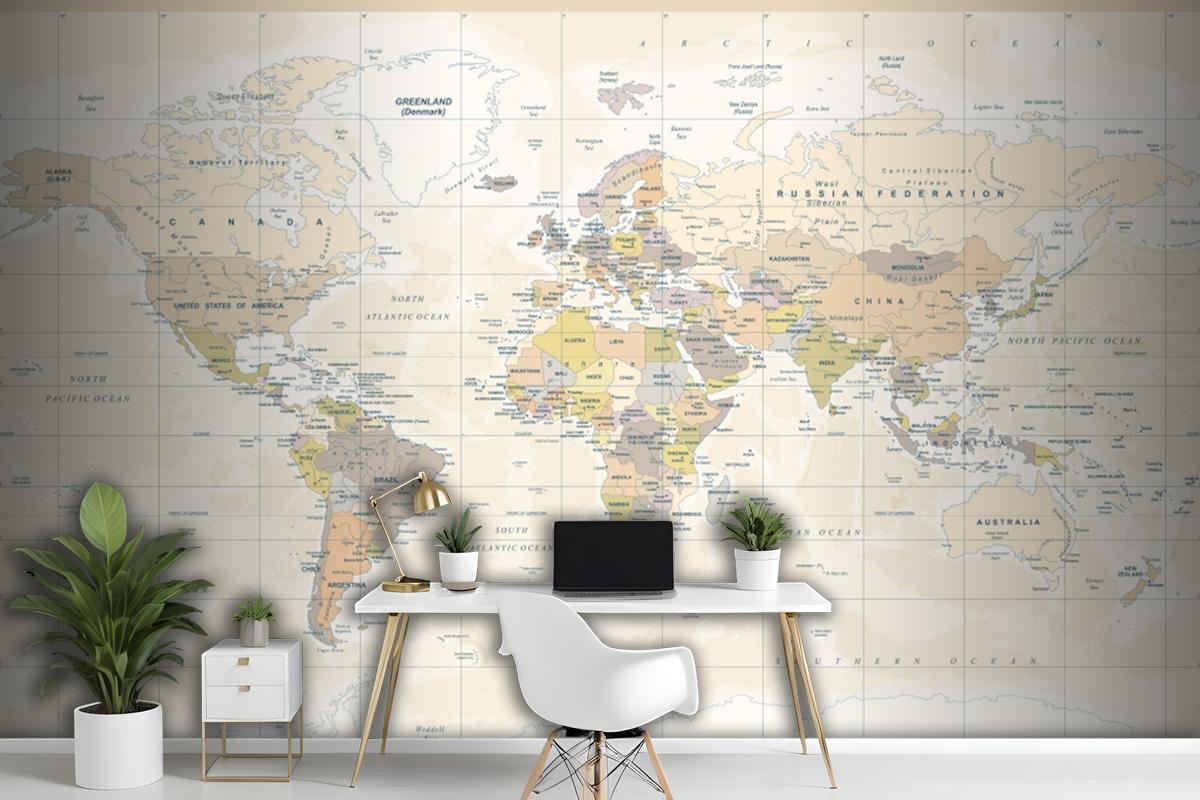 Political Physical Topographic Colored World Map Wallpaper Mural