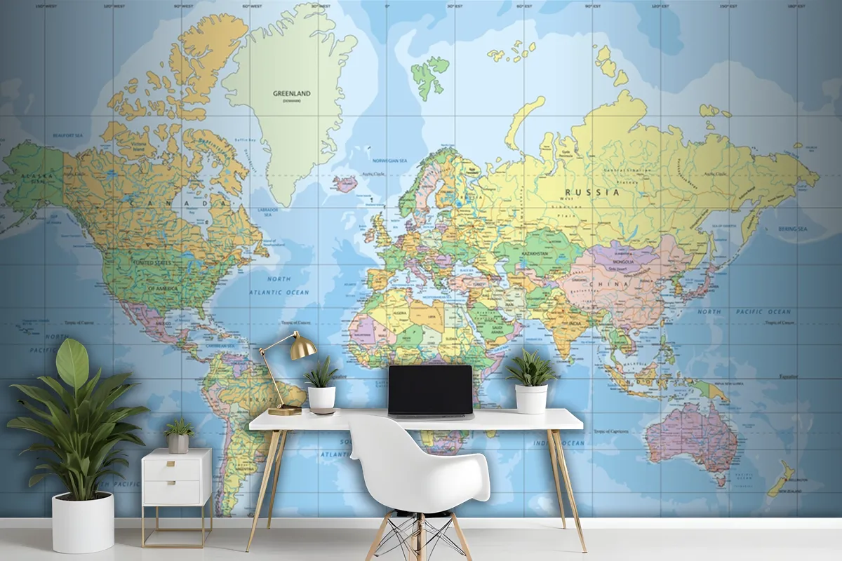 Political World Map In Mercator Projection Wallpaper Mural